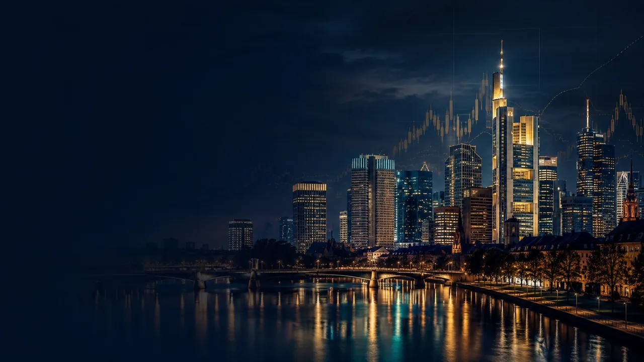 Global financial district with abstract market data.